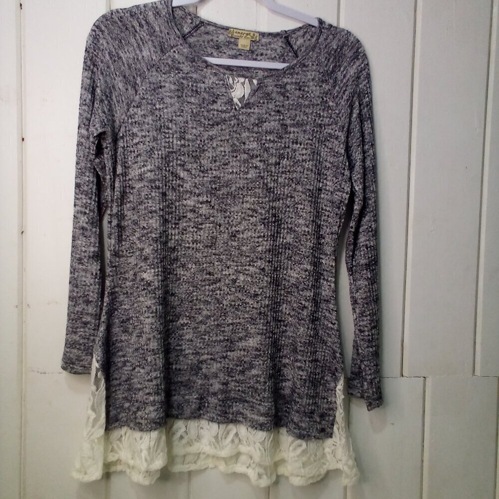 Energe World Wear Shirt Blouse S Long Sleeve Lace Trim Gray White